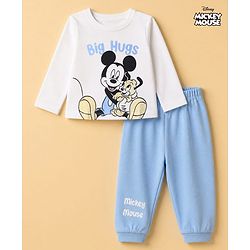Babyhug Disney 100% Cotton Single Jersey Knit Full Sleeves T-Shirt & Pajama Night Suit with Mickey Mouse Graphic Print - White & Light Blue