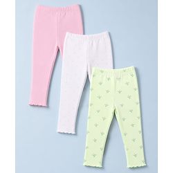 Babyhug Cotton Lycra Knit Full Length Leggings With Floral & Polka Dots Print Pack of 3 - Pink, White & Green