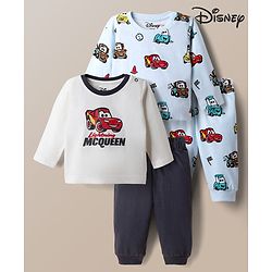 Babyhug Disney 100% Cotton Single Jersey Knit Full Sleeves Co-ord T-Shirt & Pajama Night Suit with Cars Graphic Print Pack of 2 - Light Blue & White