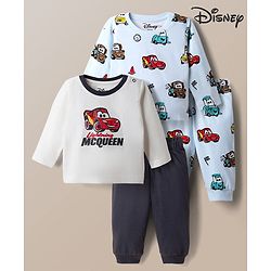 Babyhug Disney 100% Cotton Single Jersey Knit Full Sleeves Co-ord T-Shirt & Pajama Night Suit with Cars Graphic Print Pack of 2 - Light Blue & White