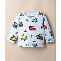 Babyhug Disney 100% Cotton Single Jersey Knit Full Sleeves Co-ord T-Shirt & Pajama Night Suit with Cars Graphic Print Pack of 2 - Light Blue & White