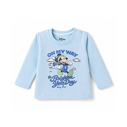 Babyhug Disney Single Jersey Knit Full Sleeves T-Shirt & Checks Pyjama Night Suit with Mickey Mouse Graphics - Light Blue
