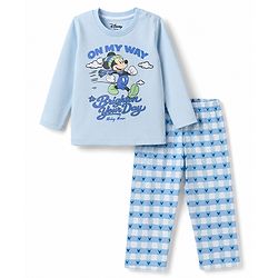 Babyhug Disney Single Jersey Knit Full Sleeves T-Shirt & Checks Pyjama Night Suit with Mickey Mouse Graphics - Light Blue