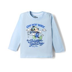 Babyhug Disney Single Jersey Knit Full Sleeves T-Shirt & Checks Pyjama Night Suit with Mickey Mouse Graphics - Light Blue