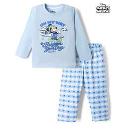 Babyhug Disney Single Jersey Knit Full Sleeves T-Shirt & Checks Pyjama Night Suit with Mickey Mouse Graphics - Light Blue