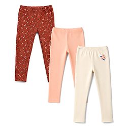 Babyhug Cotton Elastane Knit Full Length Lycra Leggings With Floral Print Pack of 3 - Red Pink Cream