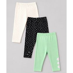 Babyhug Cotton Lycra Elastane Knit Slim Fit Full Length Leggings with Hearts, Floral & Polka Dots Print Pack of 3 - White, Black & Light Green