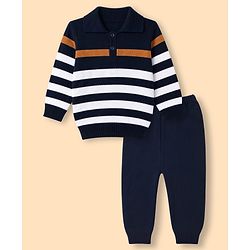 Babyhug Knit Full Sleeves Striped Sweater Set - Navy Blue