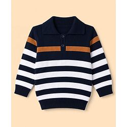 Babyhug Knit Full Sleeves Striped Sweater Set - Navy Blue