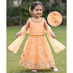 Babyhug Net Woven Sleeveless Chanderi Lehenga Choli and Dupatta Set With  Floral Embroidery & Sequin Detailing - Peach