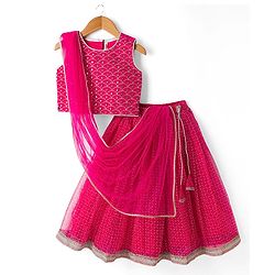 Babyhug Net Woven Sleeveless Chanderi Embroidered Lehenga Choli & Dupatta Set - Fuchsia