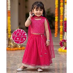 Babyhug Net Woven Sleeveless Chanderi Embroidered Lehenga Choli & Dupatta Set - Fuchsia