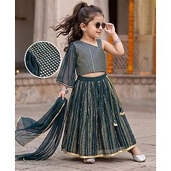 Babyhug Georgette Woven Sleeveless Sequinned & Embroidered Lehenga Choli and Dupatta Set - Teal Blue