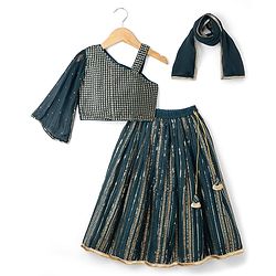 Babyhug Georgette Woven Sleeveless Sequinned & Embroidered Lehenga Choli and Dupatta Set - Teal Blue