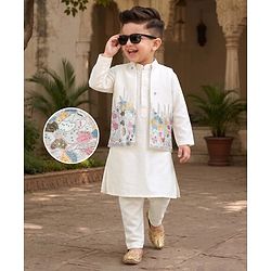 Babyhug Woven Full Sleeves Kurta Pyjama Set and Floral Embroidered Jacket With Sequin Detailing - Offwhite