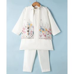 Babyhug Woven Full Sleeves Kurta Pyjama Set and Floral Embroidered Jacket With Sequin Detailing - Offwhite