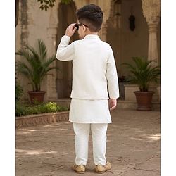 Babyhug Woven Full Sleeves Kurta Pyjama Set and Floral Embroidered Jacket With Sequin Detailing - Offwhite