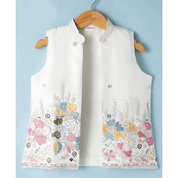 Babyhug Woven Full Sleeves Kurta Pyjama Set and Floral Embroidered Jacket With Sequin Detailing - Offwhite