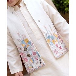 Babyhug Woven Full Sleeves Kurta Pyjama Set and Floral Embroidered Jacket With Sequin Detailing - Offwhite
