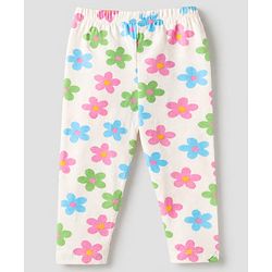 Babyhug Cotton Lycra Elastane Knit Slim Fit Full Length Solid Leggings with Floral Print Pack of 3 - White, Lilac & Light Blue