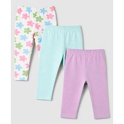 Babyhug Cotton Lycra Elastane Knit Slim Fit Full Length Solid Leggings with Floral Print Pack of 3 - White, Lilac & Light Blue