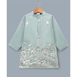 Babyhug Woven Full Sleeves Floral Embroidered & Sequin Detailing Kurta Pyjama Set - Sea Green