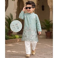 Babyhug Woven Full Sleeves Floral Embroidered & Sequin Detailing Kurta Pyjama Set - Sea Green