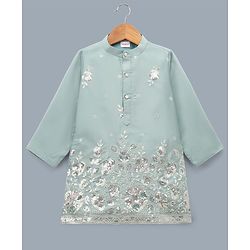 Babyhug Woven Full Sleeves Floral Embroidered & Sequin Detailing Kurta Pyjama Set - Sea Green
