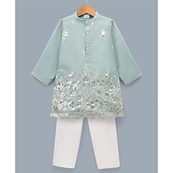 Babyhug Woven Full Sleeves Floral Embroidered & Sequin Detailing Kurta Pyjama Set - Sea Green