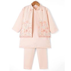 Babyhug Woven Solid Kurta Pyjama Set With Floral Sequin Embroidered Jacket - Peach