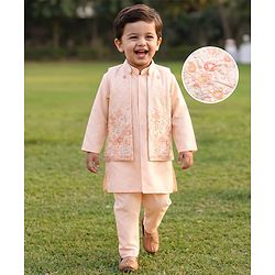 Babyhug Woven Solid Kurta Pyjama Set With Floral Sequin Embroidered Jacket - Peach