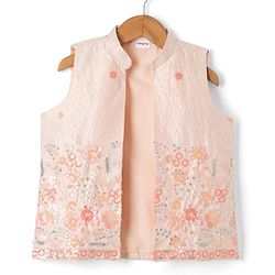 Babyhug Woven Solid Kurta Pyjama Set With Floral Sequin Embroidered Jacket - Peach
