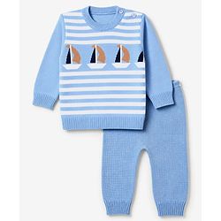 Babyhug Knit Full Sleeves Sweater Set with Stripes & Boat Design - Light Blue