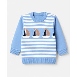 Babyhug Knit Full Sleeves Sweater Set with Stripes & Boat Design - Light Blue