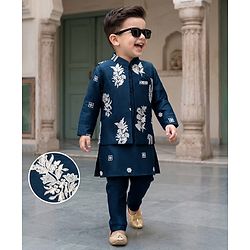 Babyhug Woven Full Sleeves Floral Embroidered Kurta & Pyjama Set With Jacket - Teal Blue