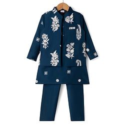 Babyhug Woven Full Sleeves Floral Embroidered Kurta & Pyjama Set With Jacket - Teal Blue