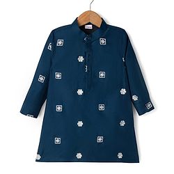 Babyhug Woven Full Sleeves Floral Embroidered Kurta & Pyjama Set With Jacket - Teal Blue
