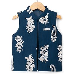 Babyhug Woven Full Sleeves Floral Embroidered Kurta & Pyjama Set With Jacket - Teal Blue