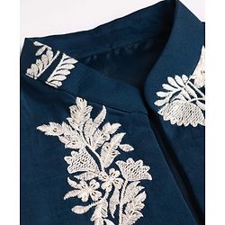 Babyhug Woven Full Sleeves Floral Embroidered Kurta & Pyjama Set With Jacket - Teal Blue