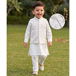 Babyhug Woven Full Sleeves Solid Kurta & Pyjama Set With Floral Sequinned & Embroidered Jacket - White
