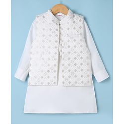 Babyhug Woven Full Sleeves Solid Kurta & Pyjama Set With Floral Sequinned & Embroidered Jacket - White