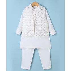 Babyhug Woven Full Sleeves Solid Kurta & Pyjama Set With Floral Sequinned & Embroidered Jacket - White