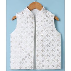 Babyhug Woven Full Sleeves Solid Kurta & Pyjama Set With Floral Sequinned & Embroidered Jacket - White