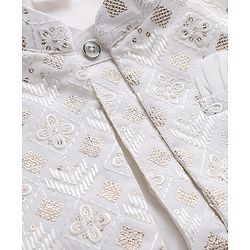 Babyhug Woven Full Sleeves Solid Kurta & Pyjama Set With Floral Sequinned & Embroidered Jacket - White