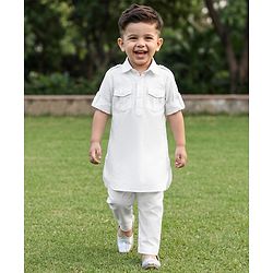 Babyhug Woven Rayon Full Sleeves Solid Pathani Kurta Pyjama Set - White