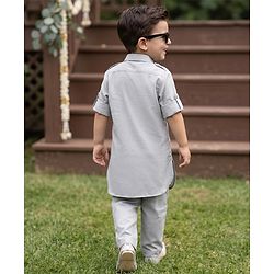 Babyhug Rayon Woven Full Sleeves Solid Pathani Kurta Pyjama Set - Grey