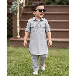 Babyhug Rayon Woven Full Sleeves Solid Pathani Kurta Pyjama Set - Grey