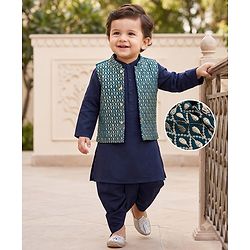 Babyhug Woven Full Sleeves Solid Colour Kurta Dhoti  Set with Sequinned &  Embroidered Jacket - Navy