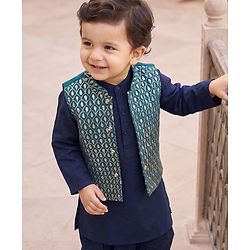 Babyhug Woven Full Sleeves Solid Colour Kurta Dhoti  Set with Sequinned &  Embroidered Jacket - Navy