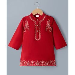Babyhug Woven Full Sleeves Floral Embroidered Kurta Dhoti Set - Red
